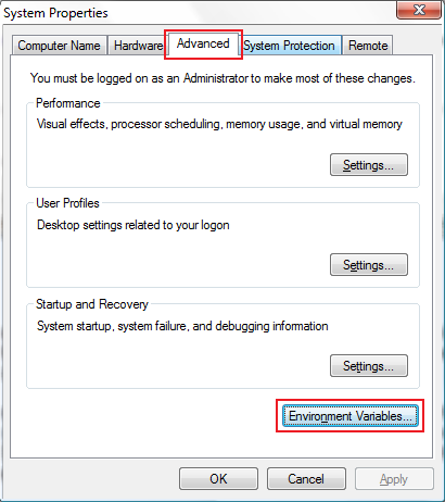 select Environment Variables from the advanced system properties window